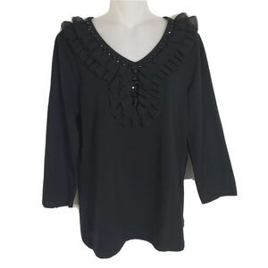Toffee Apple Womens Blouse Large Black V-Neck Ruffle Rhinestones Stretch 3/4 Slv